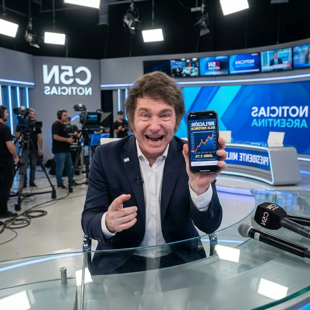 Javier Milei mostrando su celular en vivo